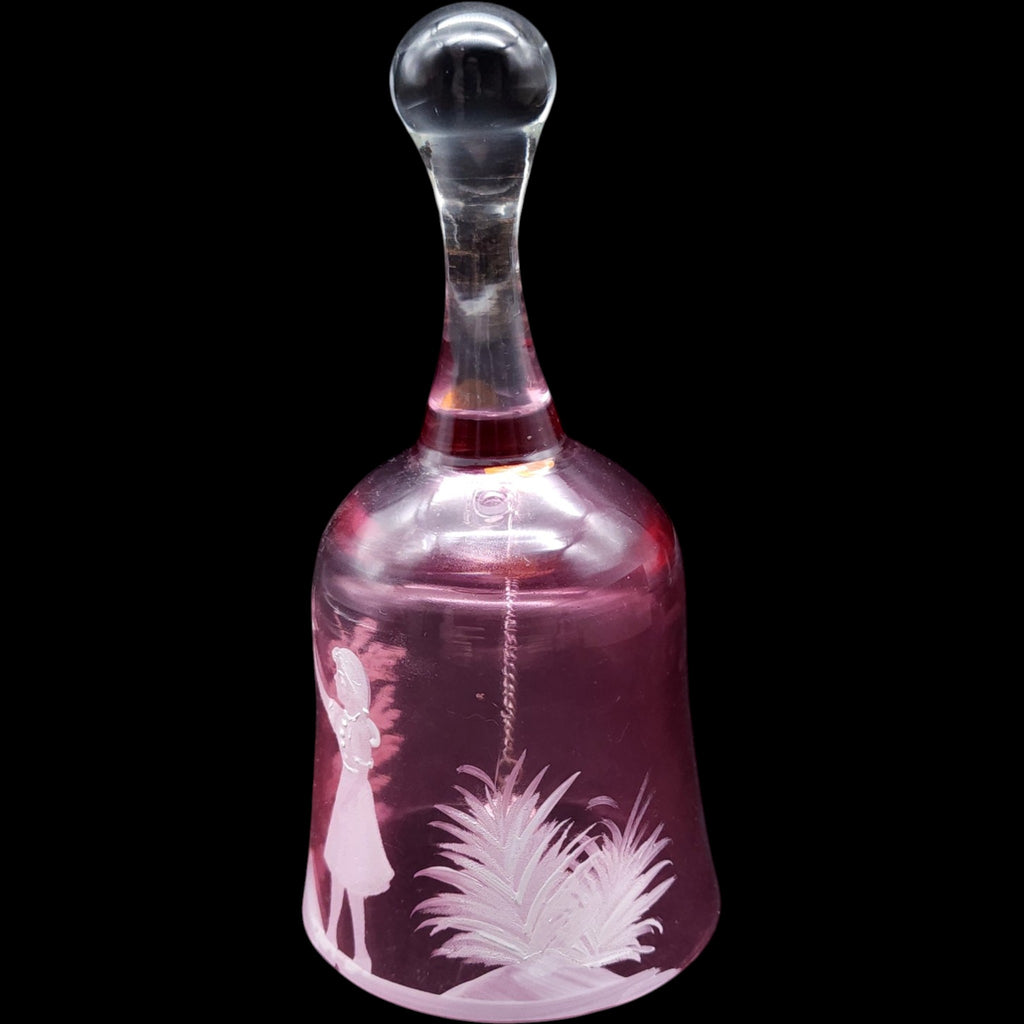 Vintage Fenton Cranberry Mary Gregory Hand-Painted Glass Bell - Girl with Bird