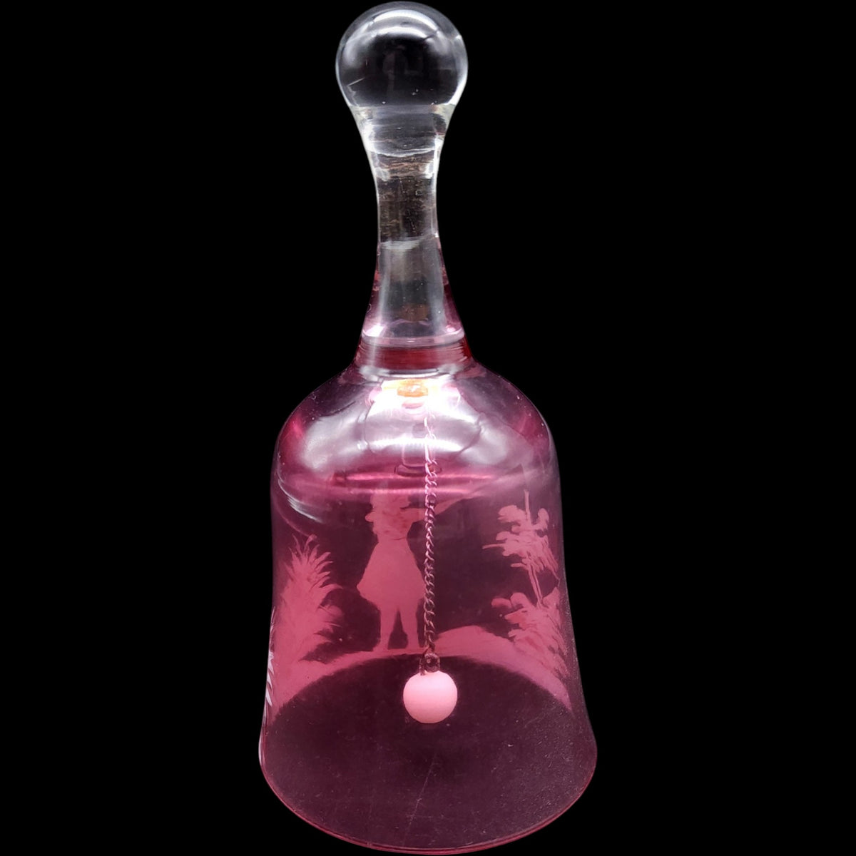 Vintage Fenton Cranberry Mary Gregory Hand-Painted Glass Bell - Girl with Bird