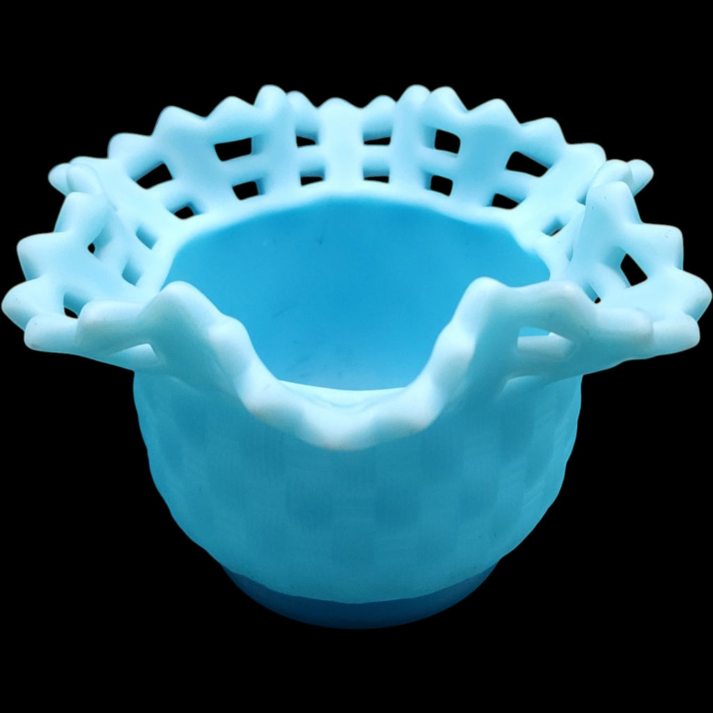 Fenton Light Blue Satin Glass Basketweave Open Edge Lattice Bowl