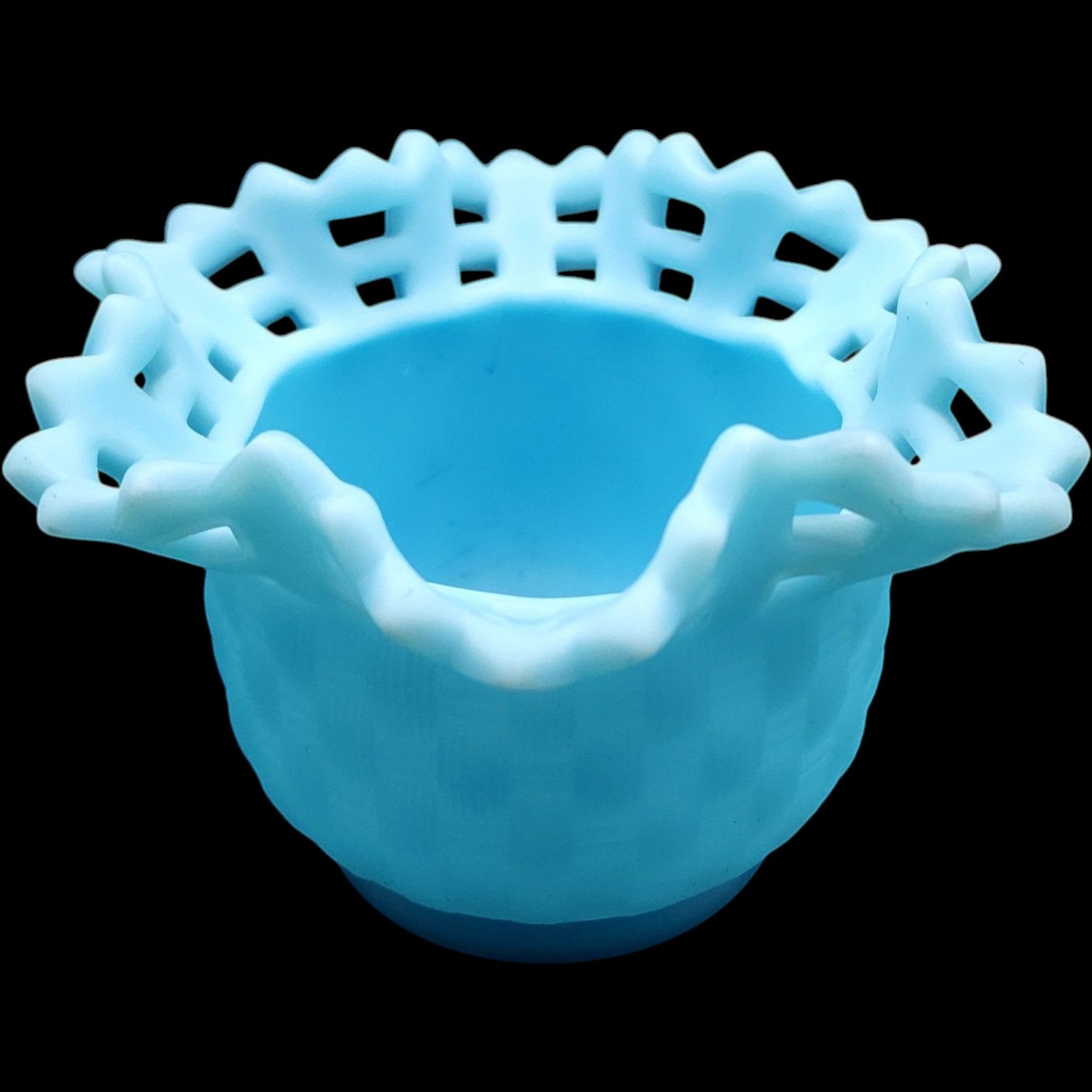 Fenton Light Blue Satin Glass Basketweave Open Edge Lattice Bowl