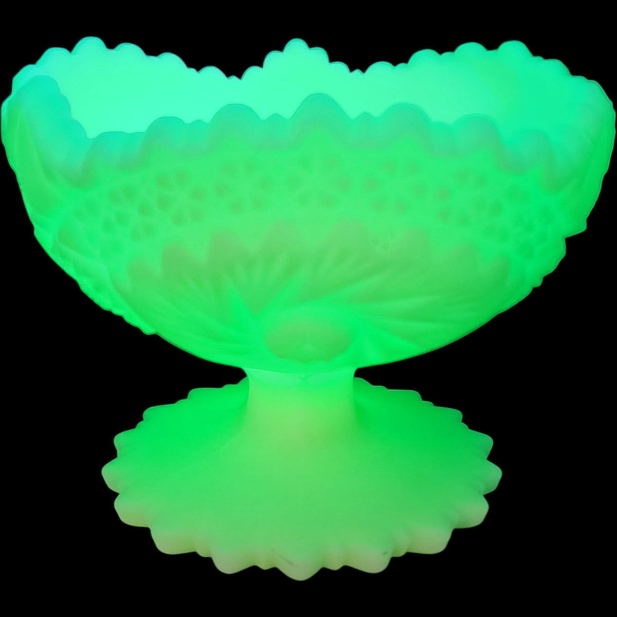 Fenton Uranium Custard Satin Glass Cactus Pedestal Compote