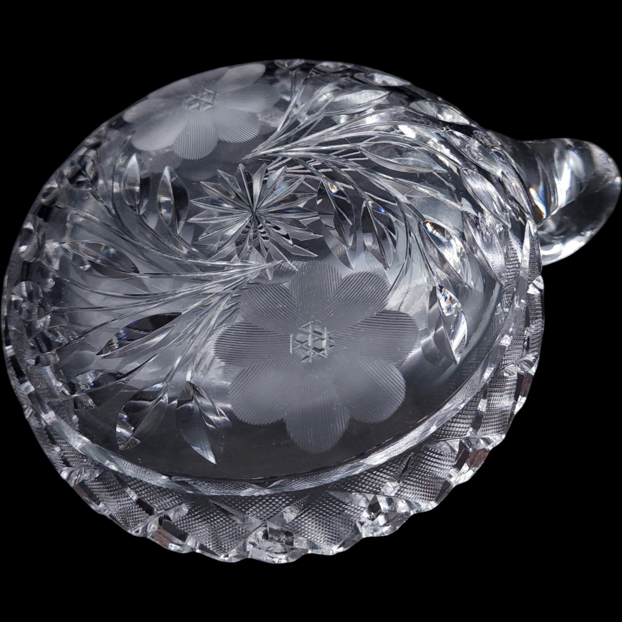 6" Antique Floral Cut Crystal Nappy Dish with Ring Handle