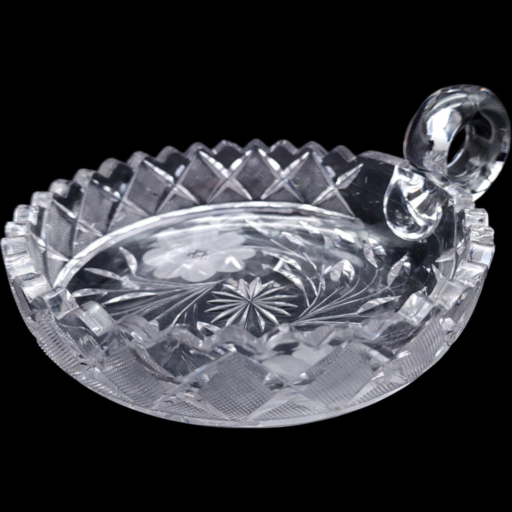6" Antique Floral Cut Crystal Nappy Dish with Ring Handle