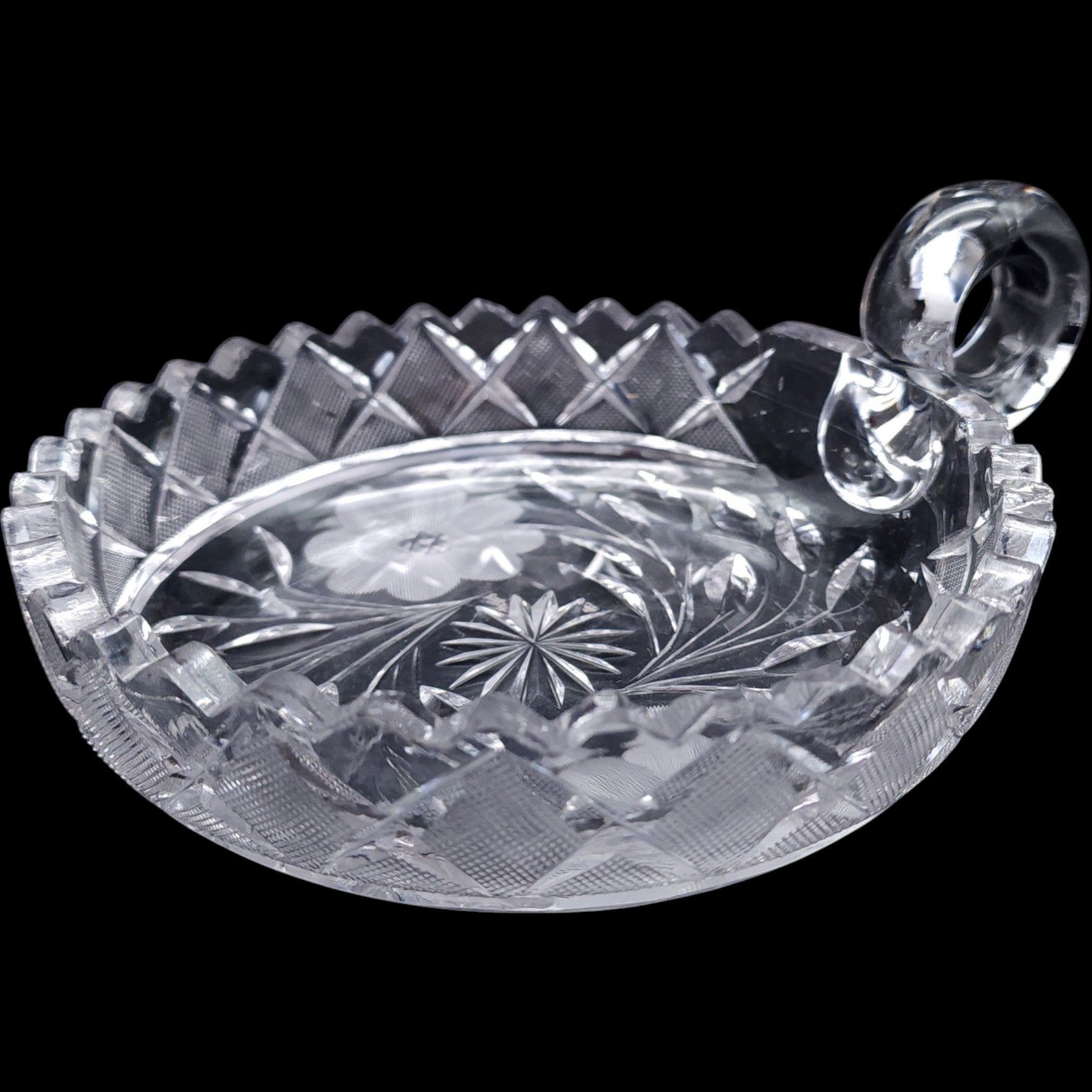 6" Antique Floral Cut Crystal Nappy Dish with Ring Handle