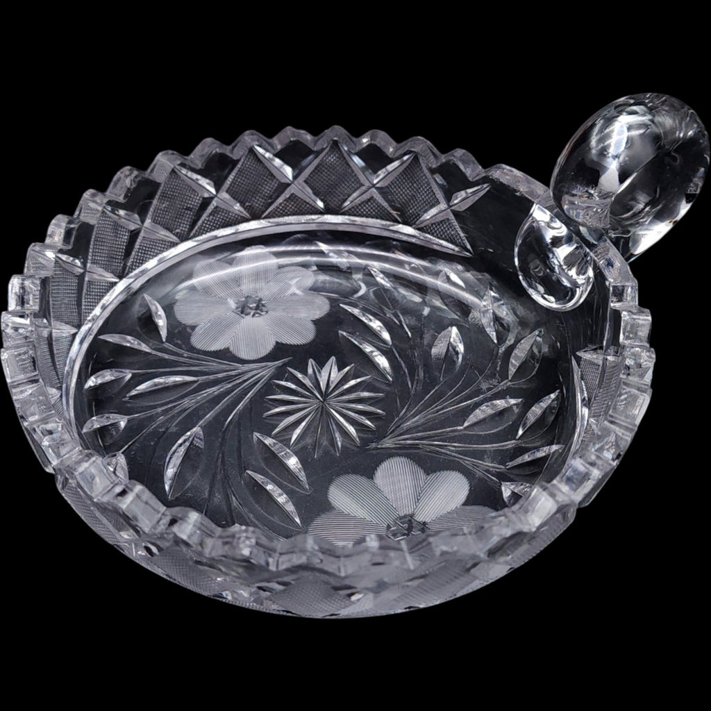 6" Antique Floral Cut Crystal Nappy Dish with Ring Handle