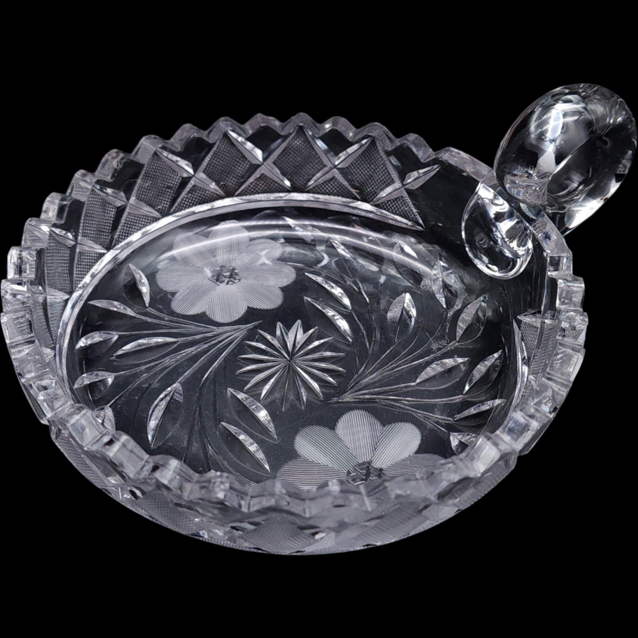6" Antique Floral Cut Crystal Nappy Dish with Ring Handle