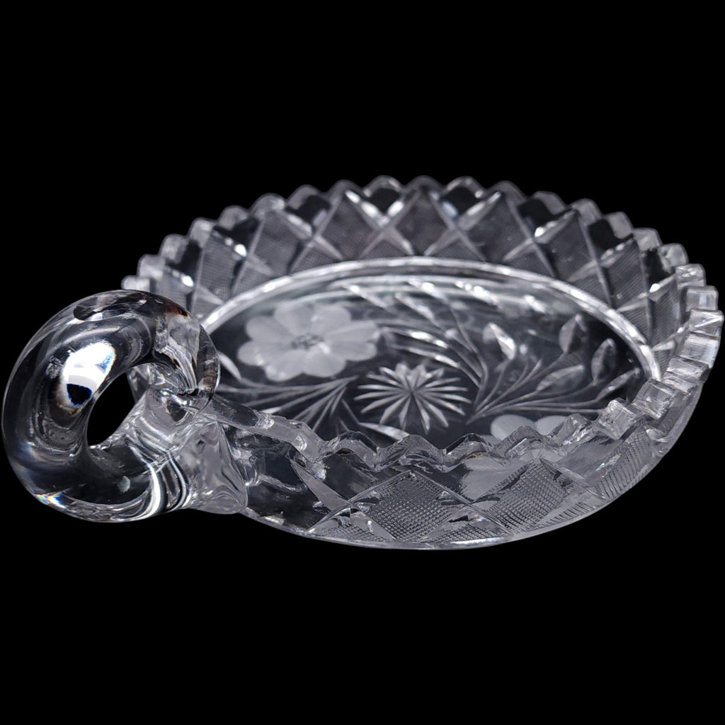 6" Antique Floral Cut Crystal Nappy Dish with Ring Handle