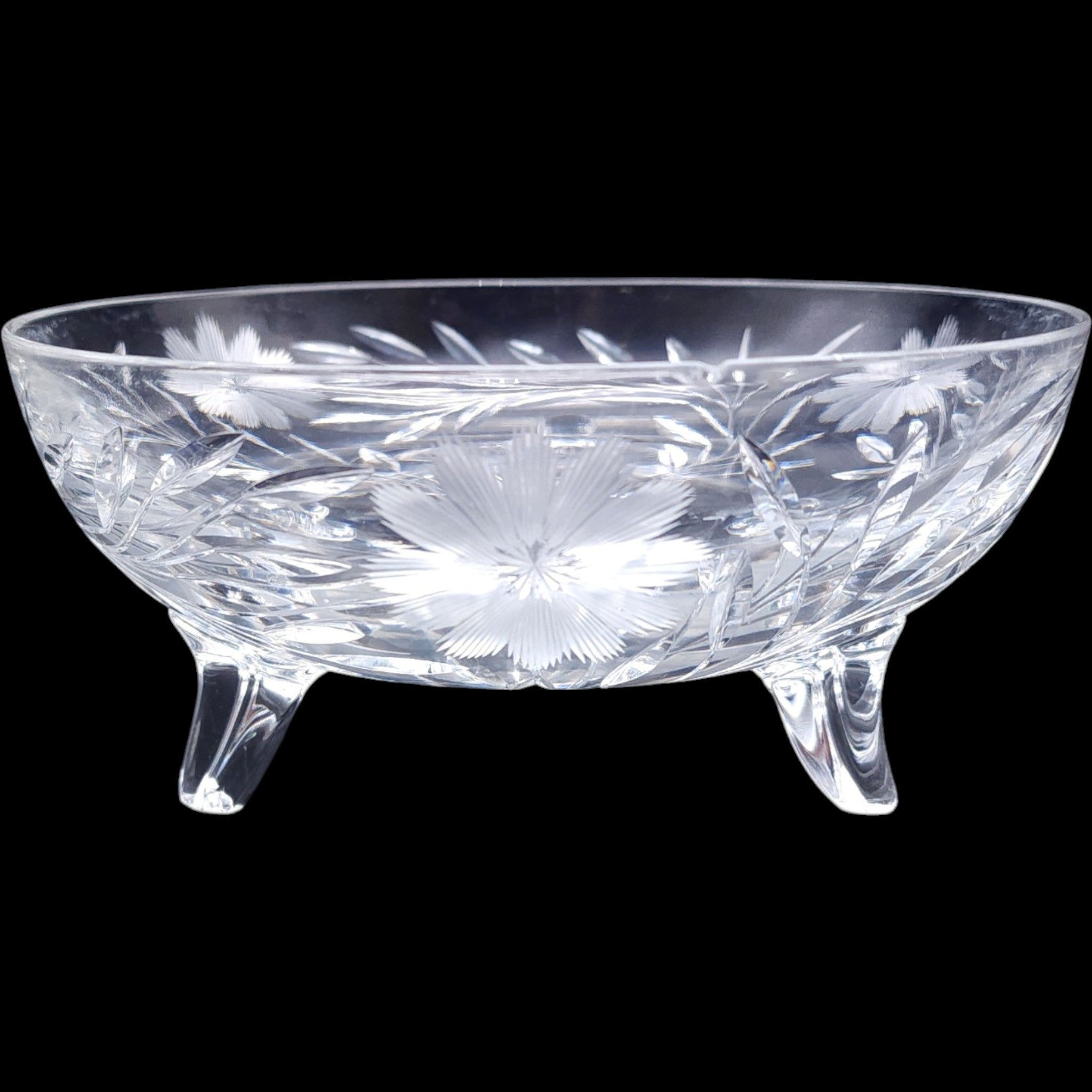 Vintage Floral Etched Cut Crystal Three-Footed Bowl