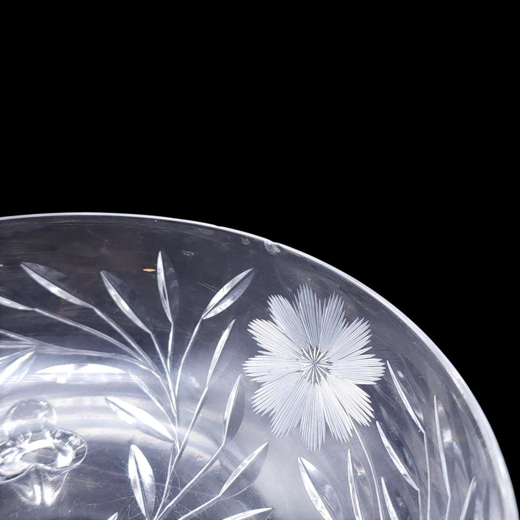Vintage Floral Etched Cut Crystal Three-Footed Bowl