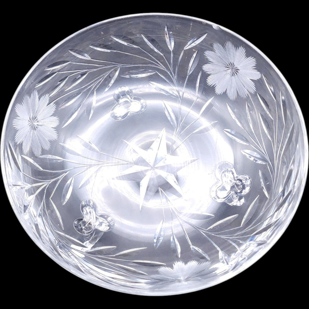 Vintage Floral Etched Cut Crystal Three-Footed Bowl