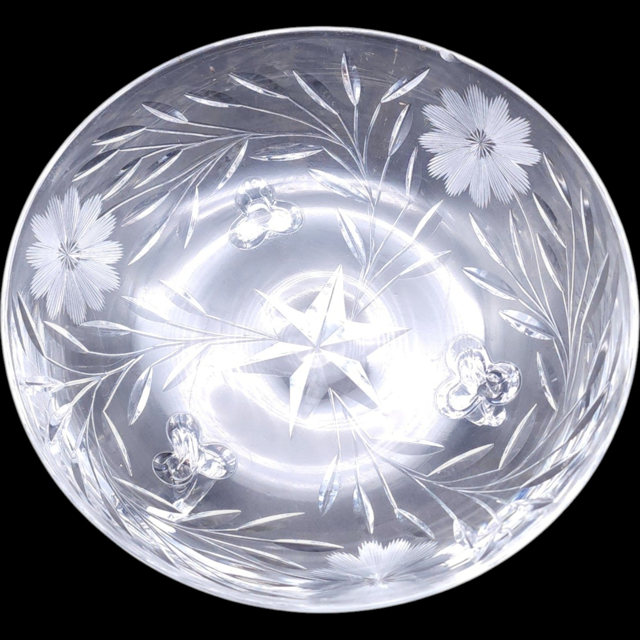 Vintage Floral Etched Cut Crystal Three-Footed Bowl