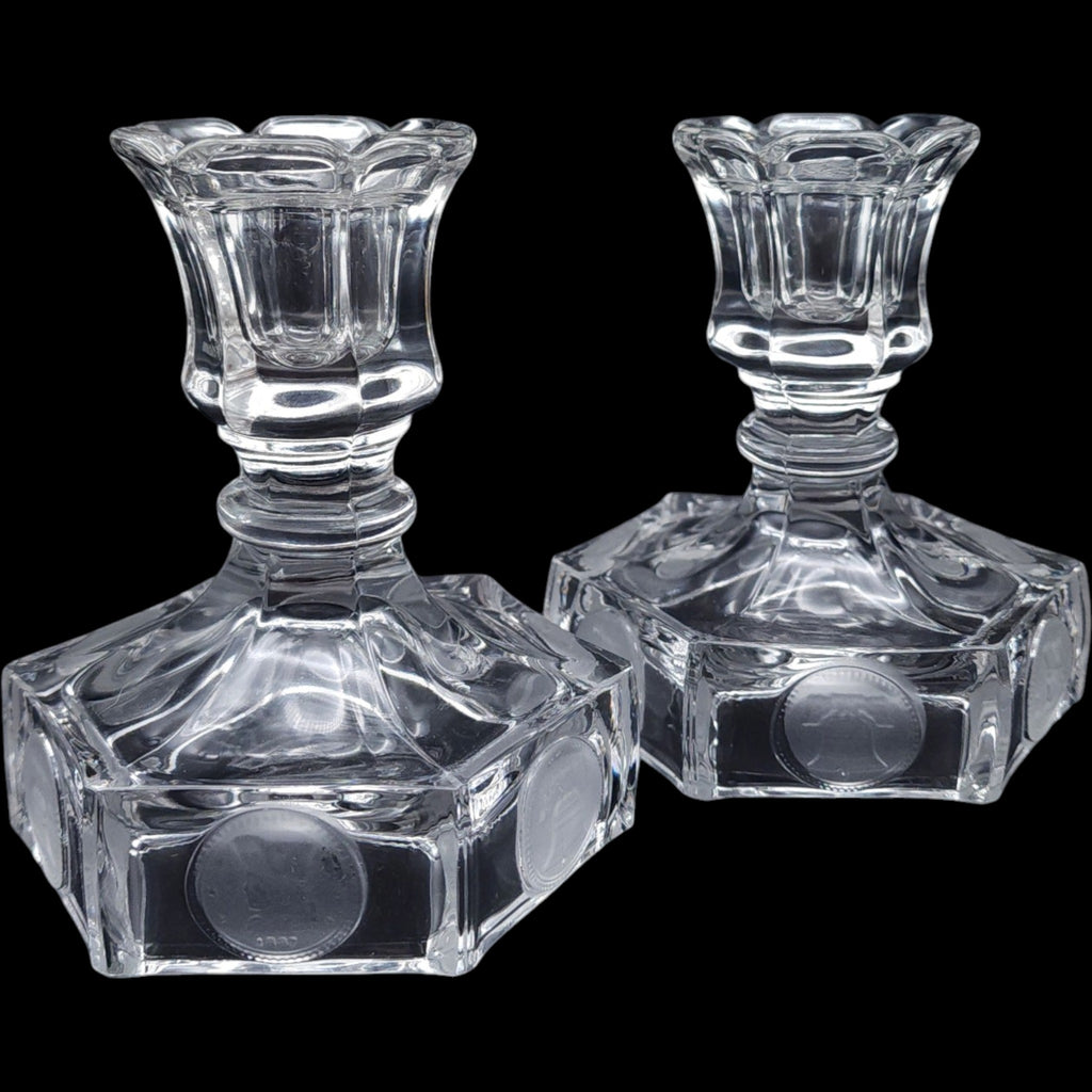 Vintage Fostoria Clear Coin Glass Candlestick Holders Pair