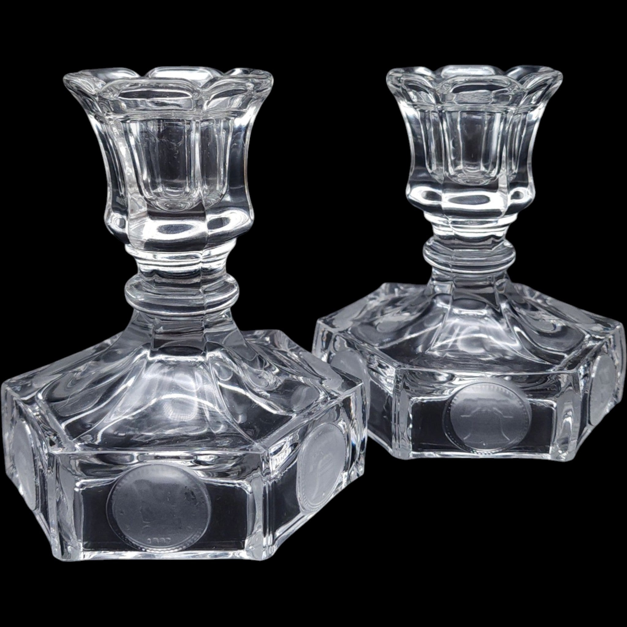 Vintage Fostoria Clear Coin Glass Candlestick Holders Pair