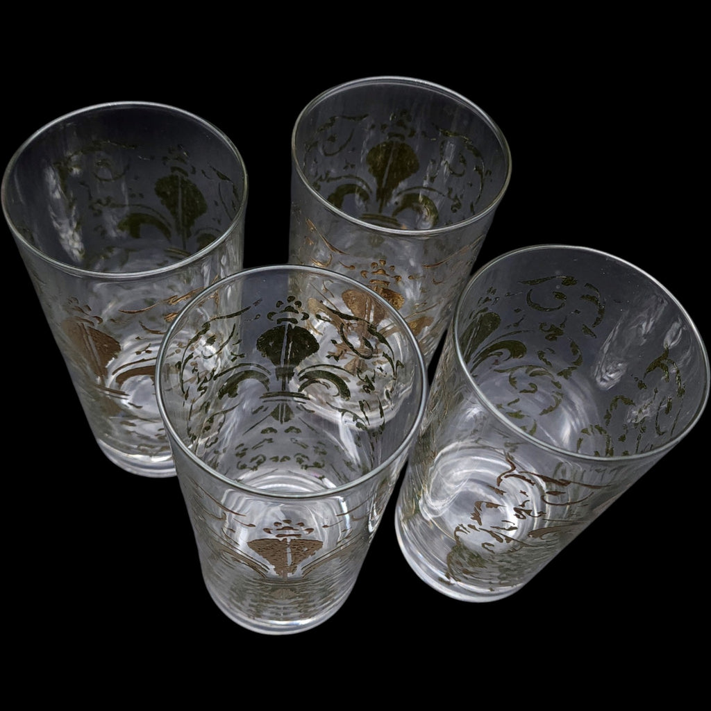 Vintage Gold Fleur-de-Lis Highball Glasses Set of 4 Mid-Century Barware
