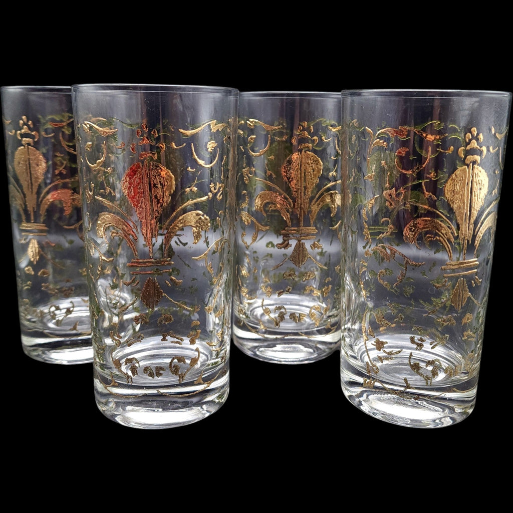 Vintage Gold Fleur-de-Lis Highball Glasses Set of 4 Mid-Century Barware