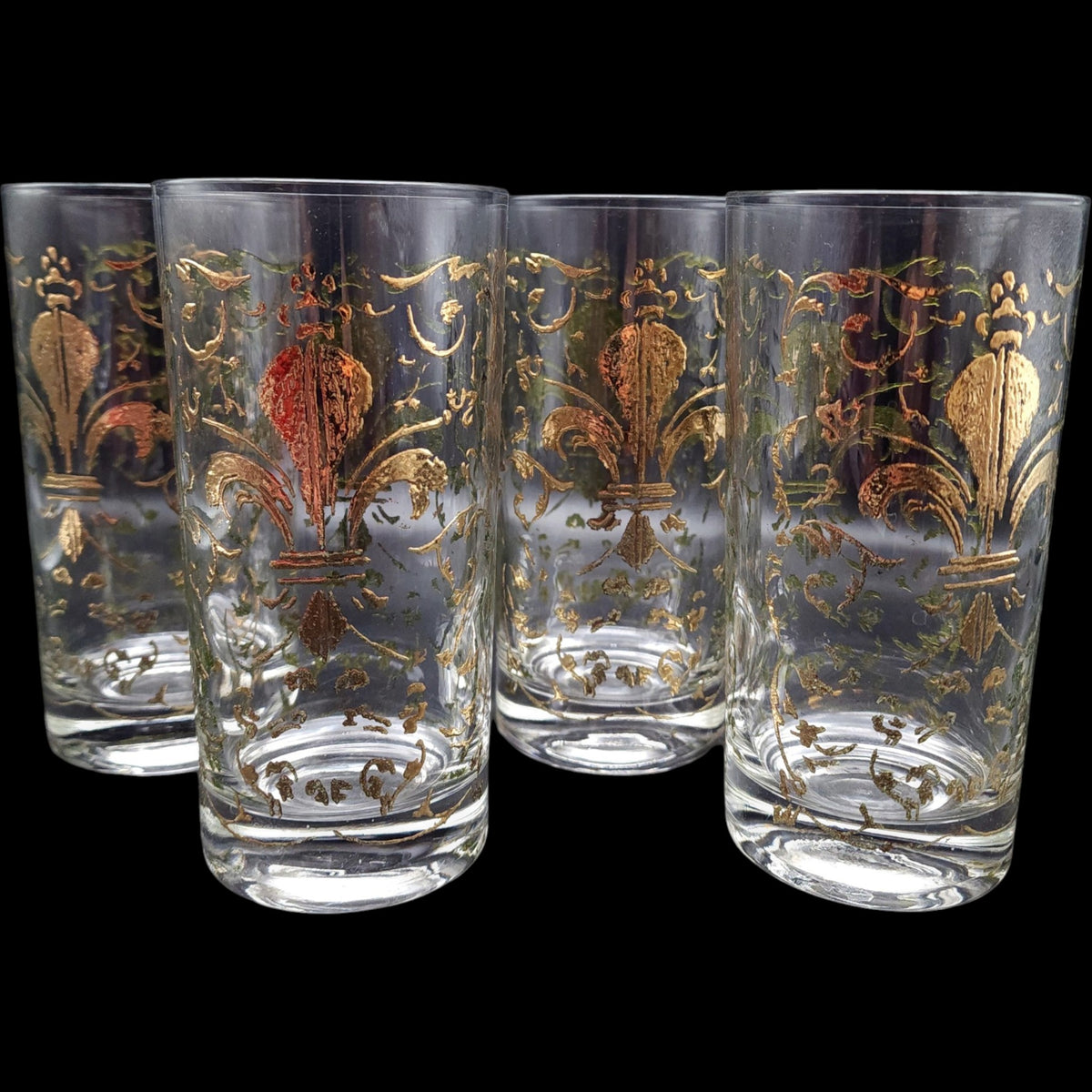Vintage Gold Fleur-de-Lis Highball Glasses Set of 4 Mid-Century Barware