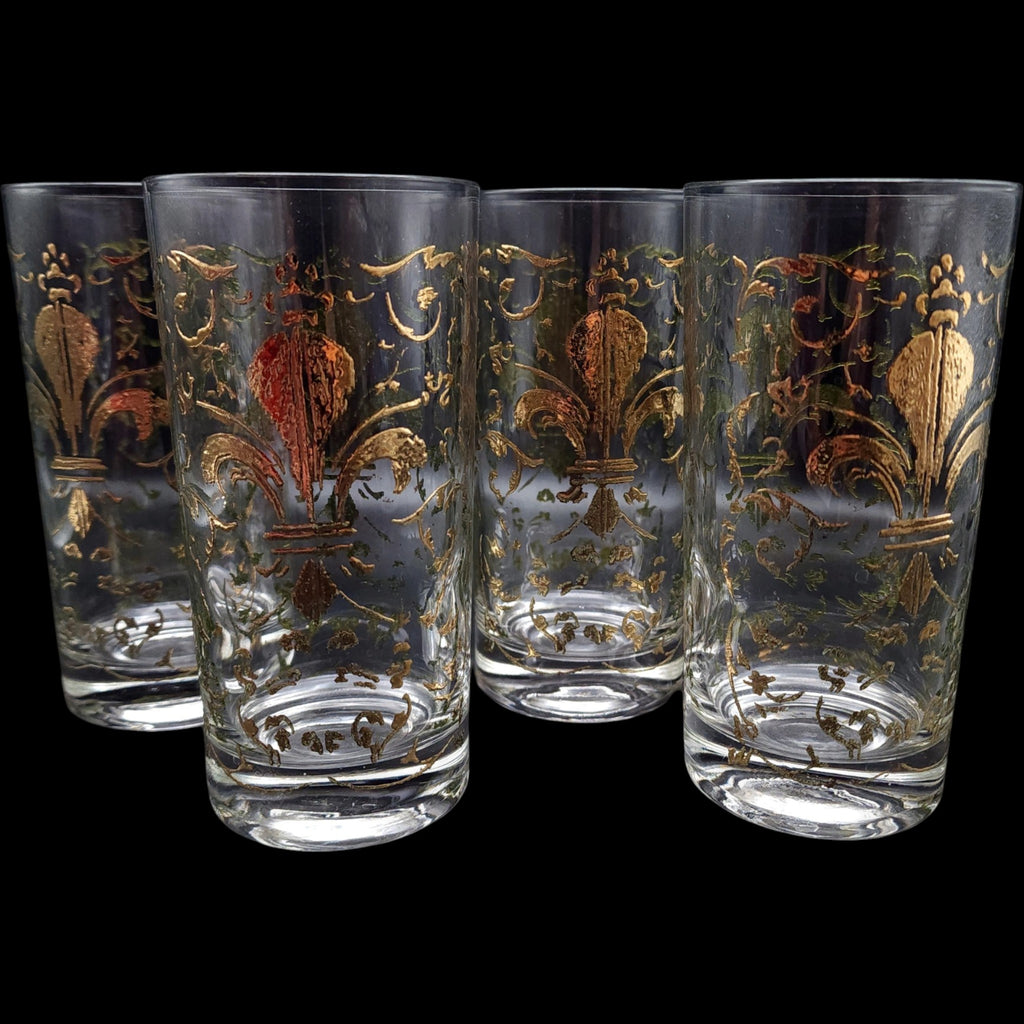 Vintage Gold Fleur-de-Lis Highball Glasses Set of 4 Mid-Century Barware