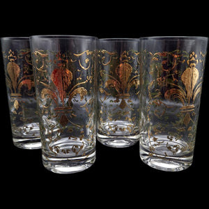 Vintage Gold Fleur-de-Lis Highball Glasses Set of 4 Mid-Century Barware