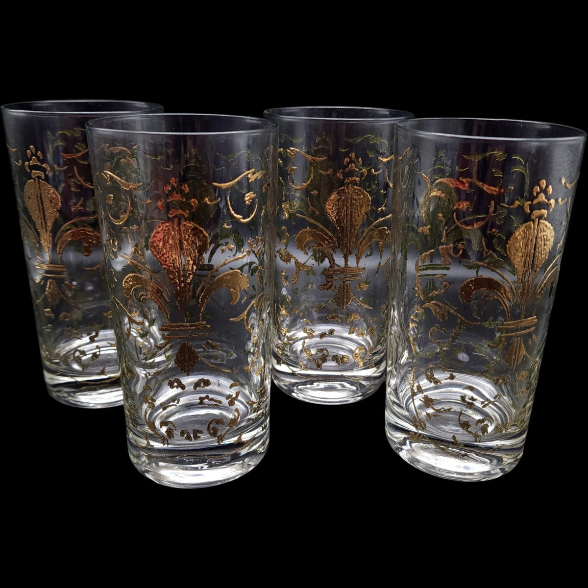 Vintage Gold Fleur-de-Lis Highball Glasses Set of 4 Mid-Century Barware