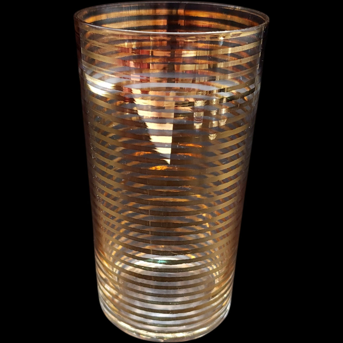 Vintage Mid-Century Gold Ringed Cylinder Glass Highball Tumbler Vase