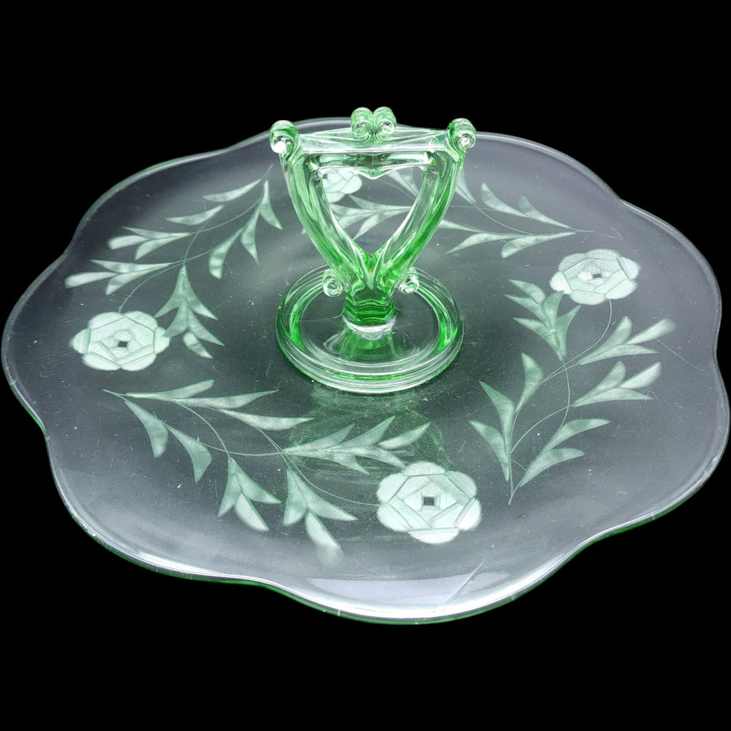 Vintage Green Depression Glass Etched Floral Center Handled Server Tray