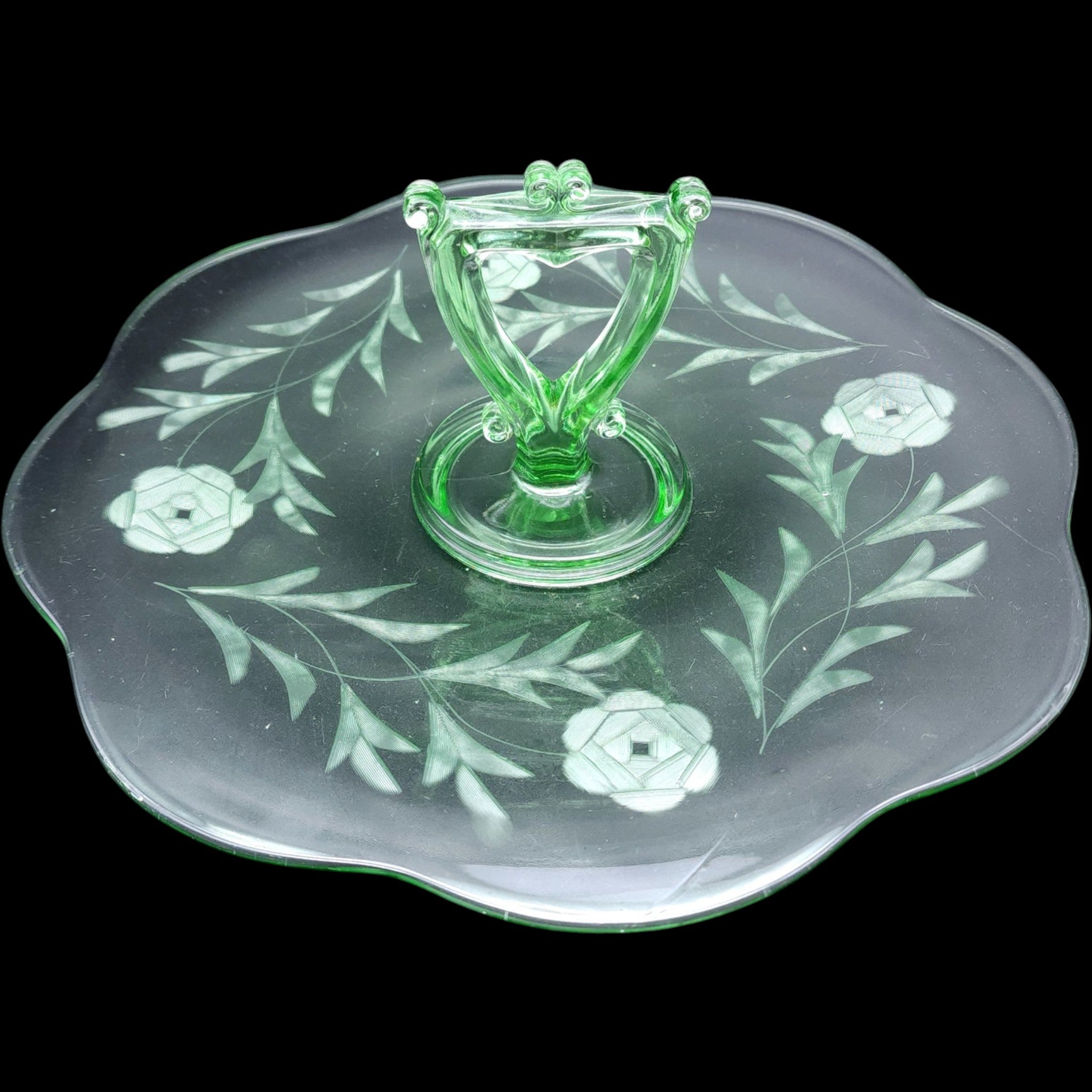 Vintage Green Depression Glass Etched Floral Center Handled Server Tray