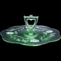 Vintage Green Depression Glass Etched Floral Center Handled Server Tray