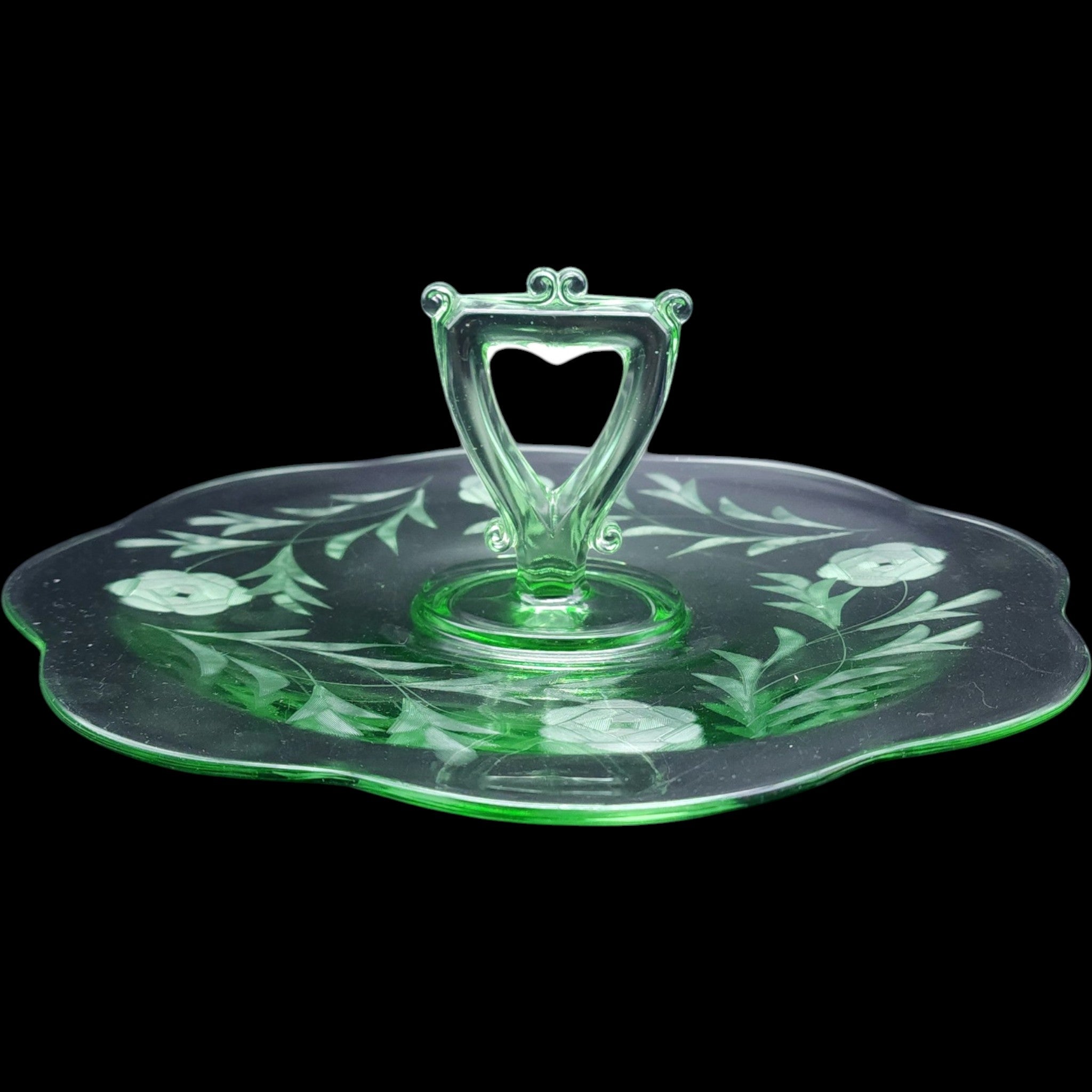 Vintage Green Depression Glass Etched Floral Center Handled Server Tray