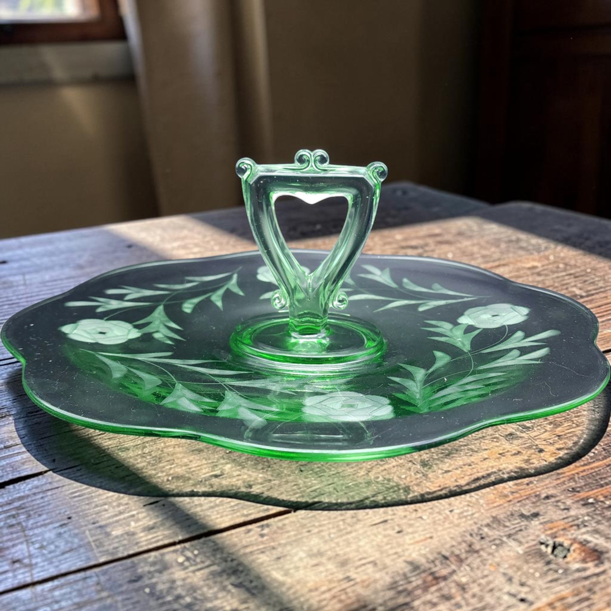 Vintage Green Depression Glass Etched Floral Center Handled Server Tray