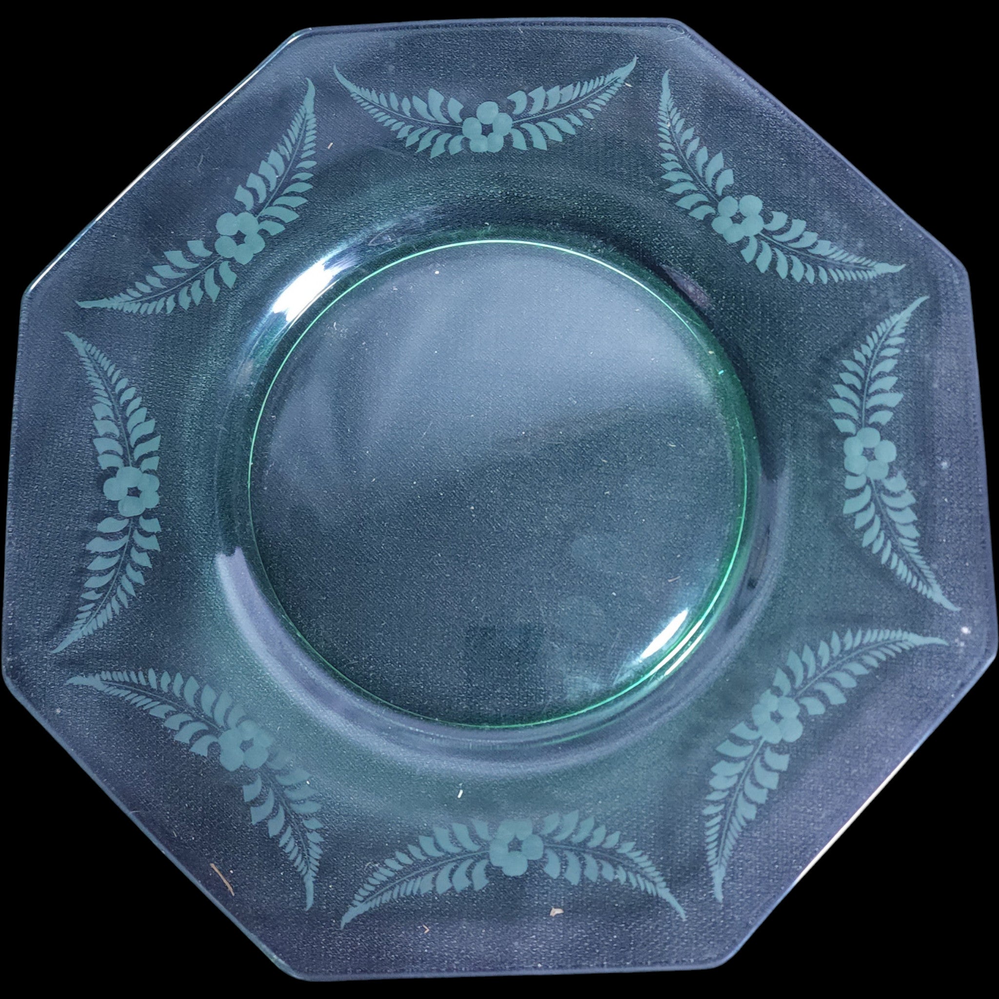 14" Vintage Green Octagonal Depression Glass Plate Etched Fern & Floral Pattern
