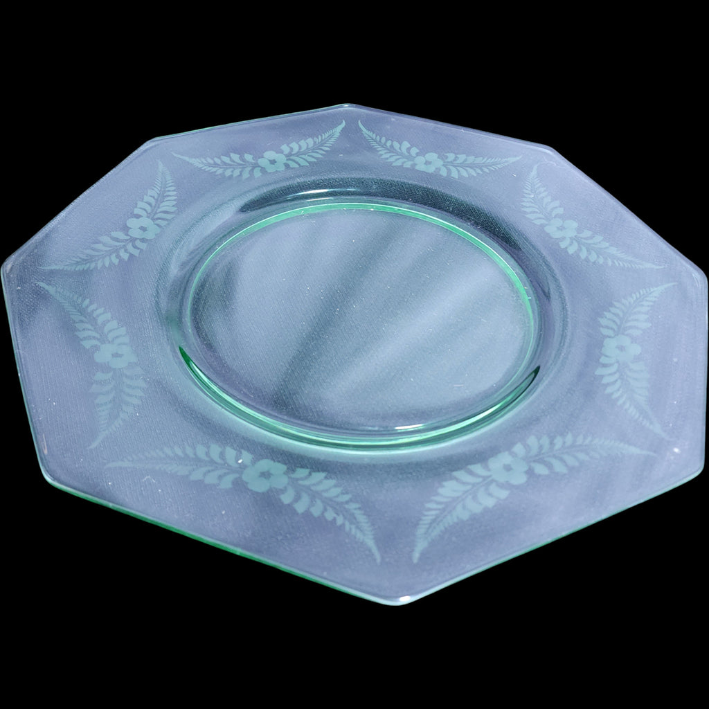 14" Vintage Green Octagonal Depression Glass Plate Etched Fern & Floral Pattern