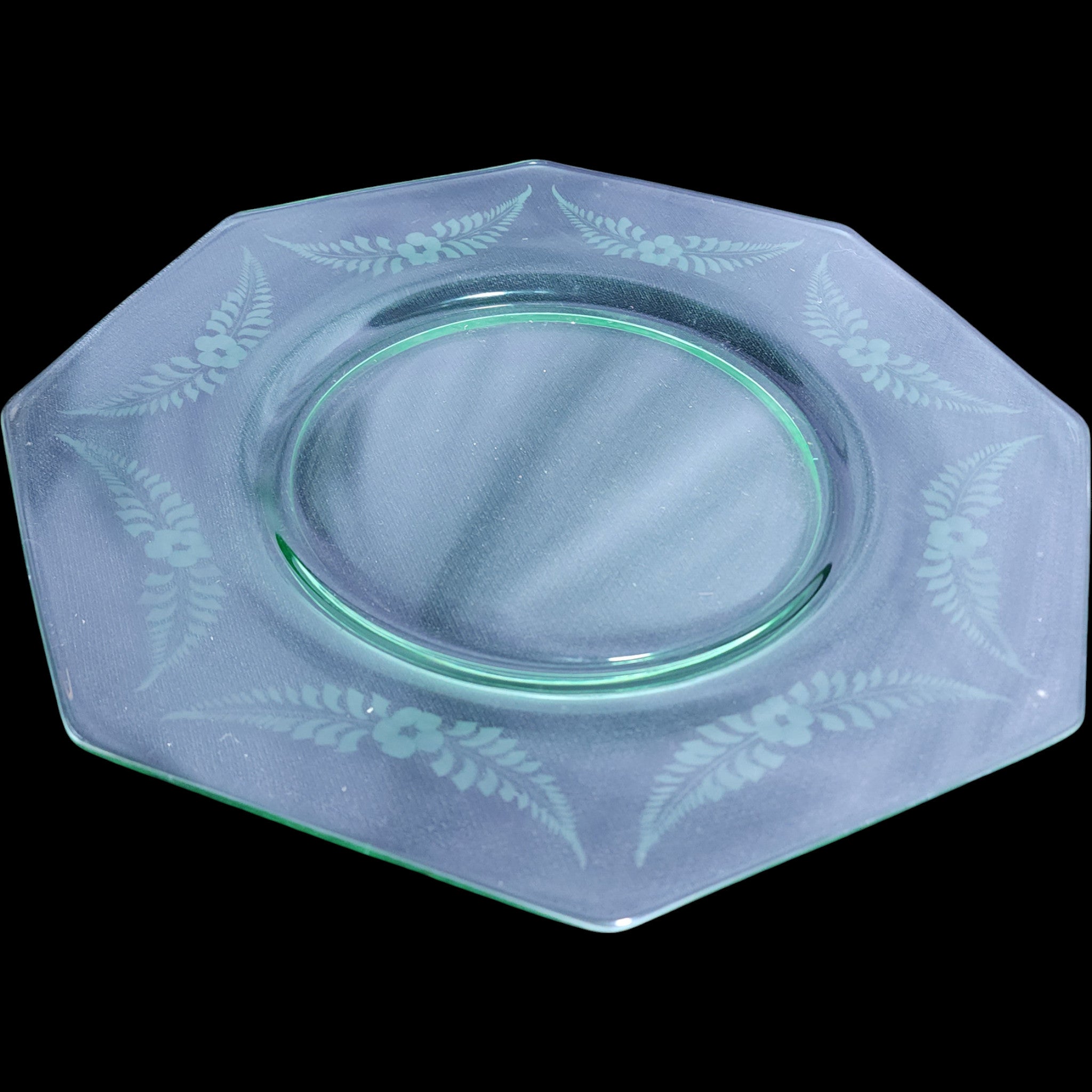 14" Vintage Green Octagonal Depression Glass Plate Etched Fern & Floral Pattern