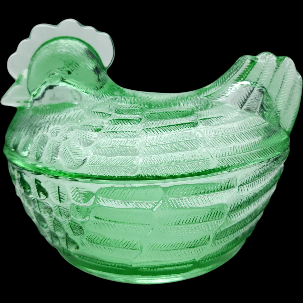 Vintage Green Pressed Glass Hen on Nest Covered Candy Dish