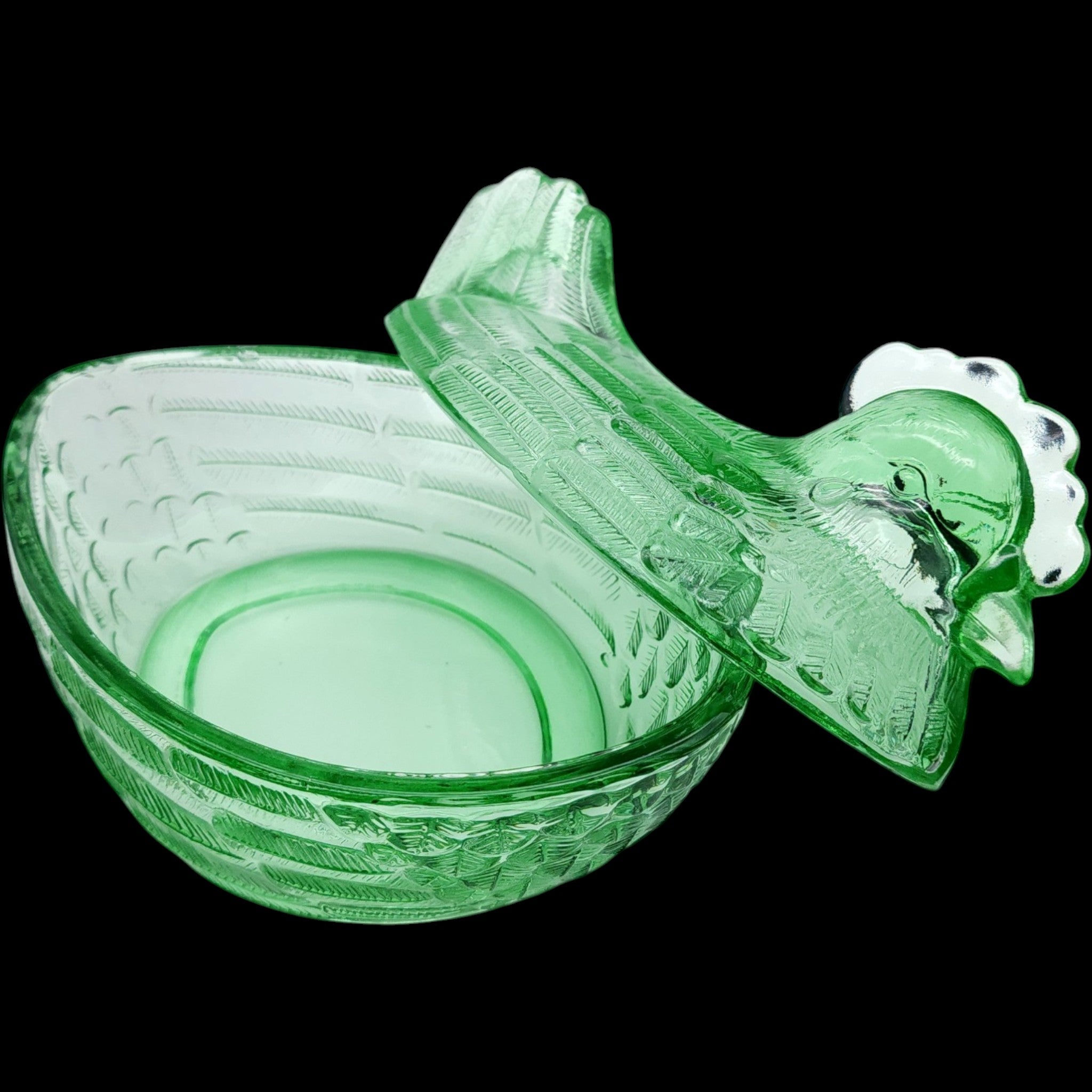 Vintage Green Pressed Glass Hen on Nest Covered Candy Dish