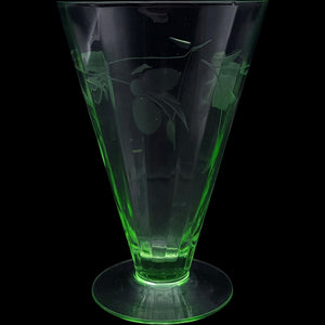 Vintage Green Uranium Depression Glass Etched Floral Iced Tea Goblet
