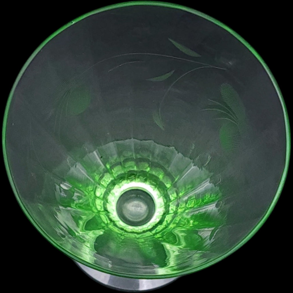 Vintage Green Uranium Depression Glass Etched Floral Iced Tea Goblet