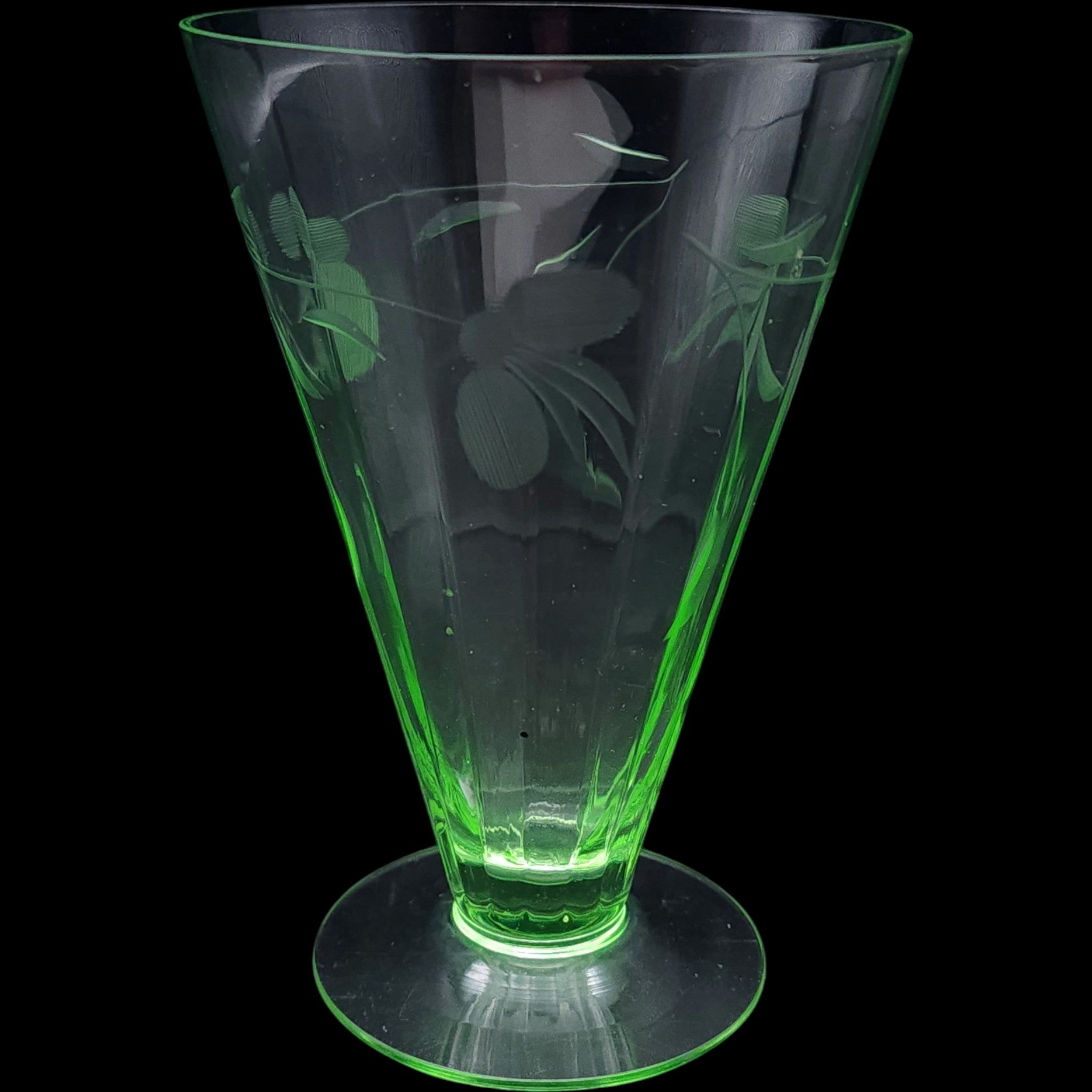 Vintage Green Uranium Depression Glass Etched Floral Iced Tea Goblet