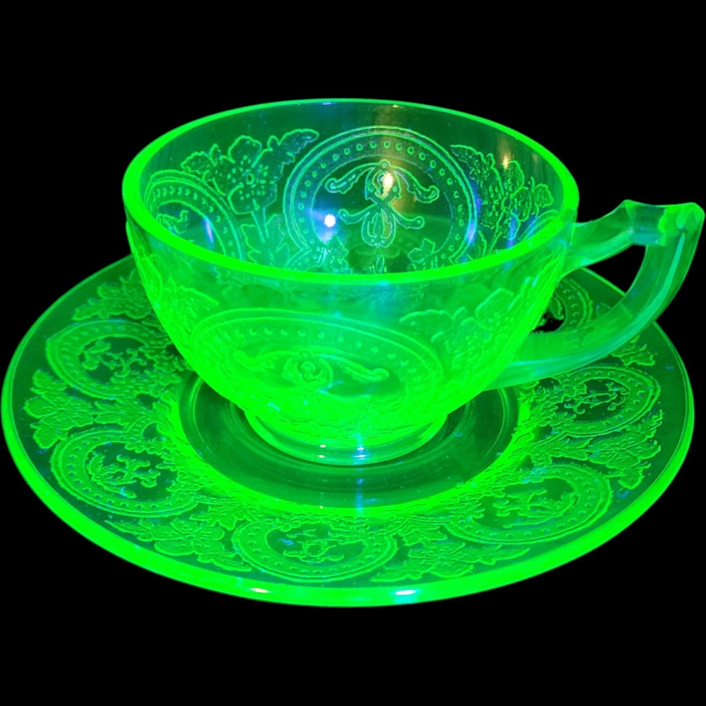 Indiana Glass Horseshoe Pattern Green Uranium Glass Cup and Saucer Set