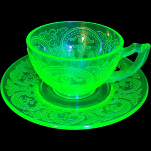 Indiana Glass Horseshoe Pattern Green Uranium Glass Cup and Saucer Set