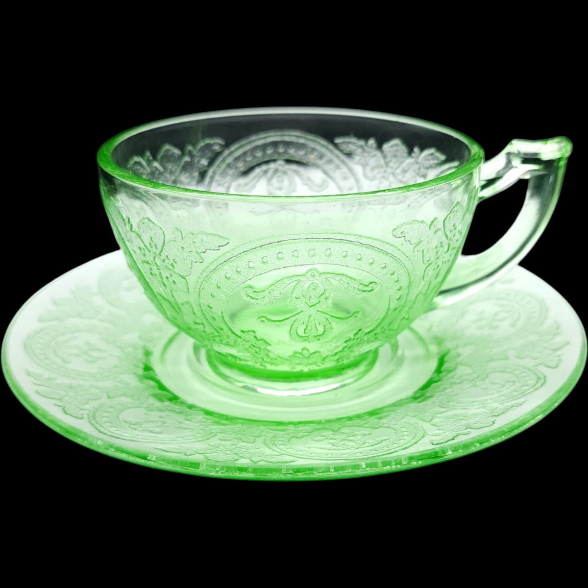 Indiana Glass Horseshoe Pattern Green Uranium Glass Cup and Saucer Set