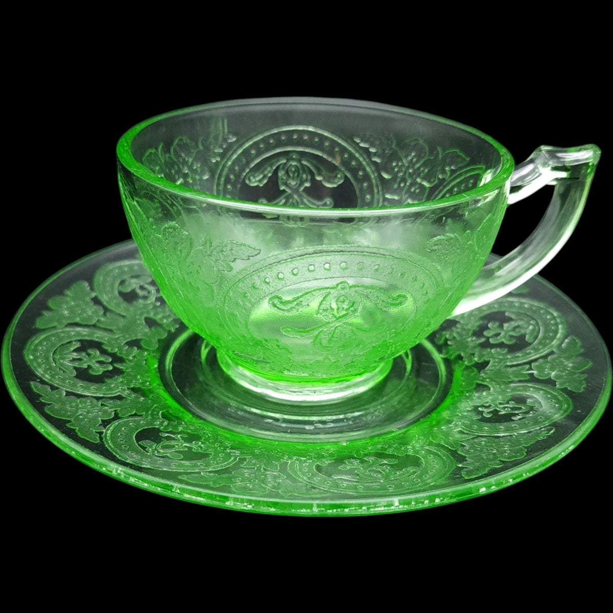Indiana Glass Horseshoe Pattern Green Uranium Glass Cup and Saucer Set