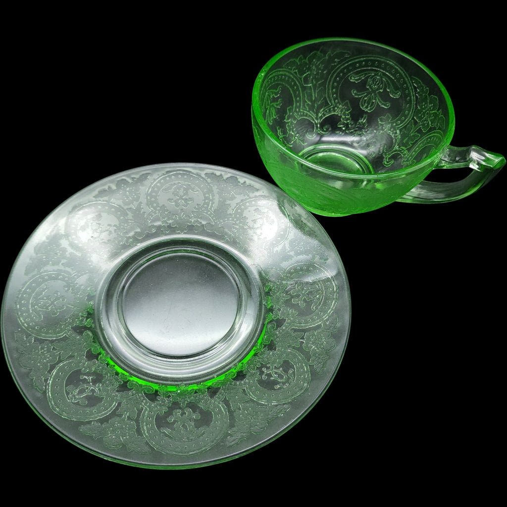 Indiana Glass Horseshoe Pattern Green Uranium Glass Cup and Saucer Set