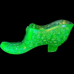 Vintage Green Uranium Glass Shoe Figurine Daisy and Button Pattern