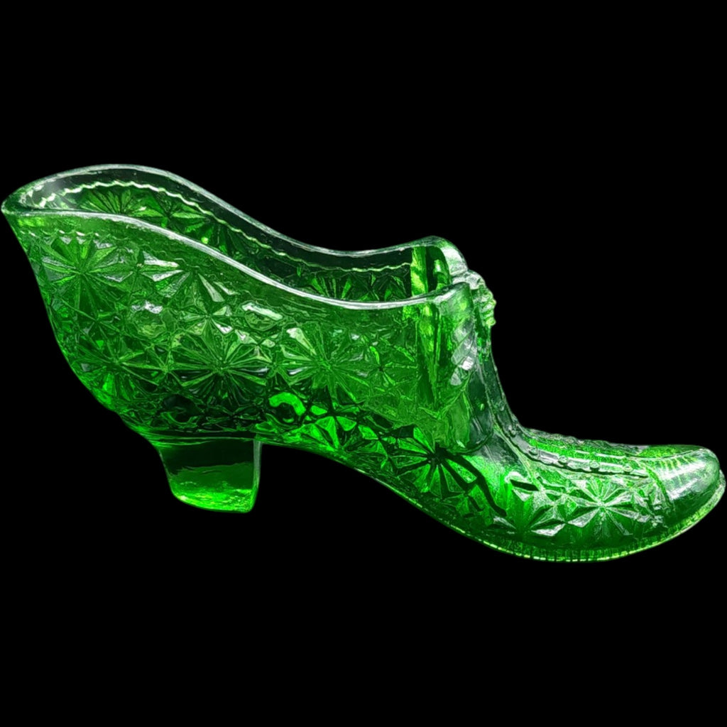 Vintage Green Uranium Glass Shoe Figurine Daisy and Button Pattern