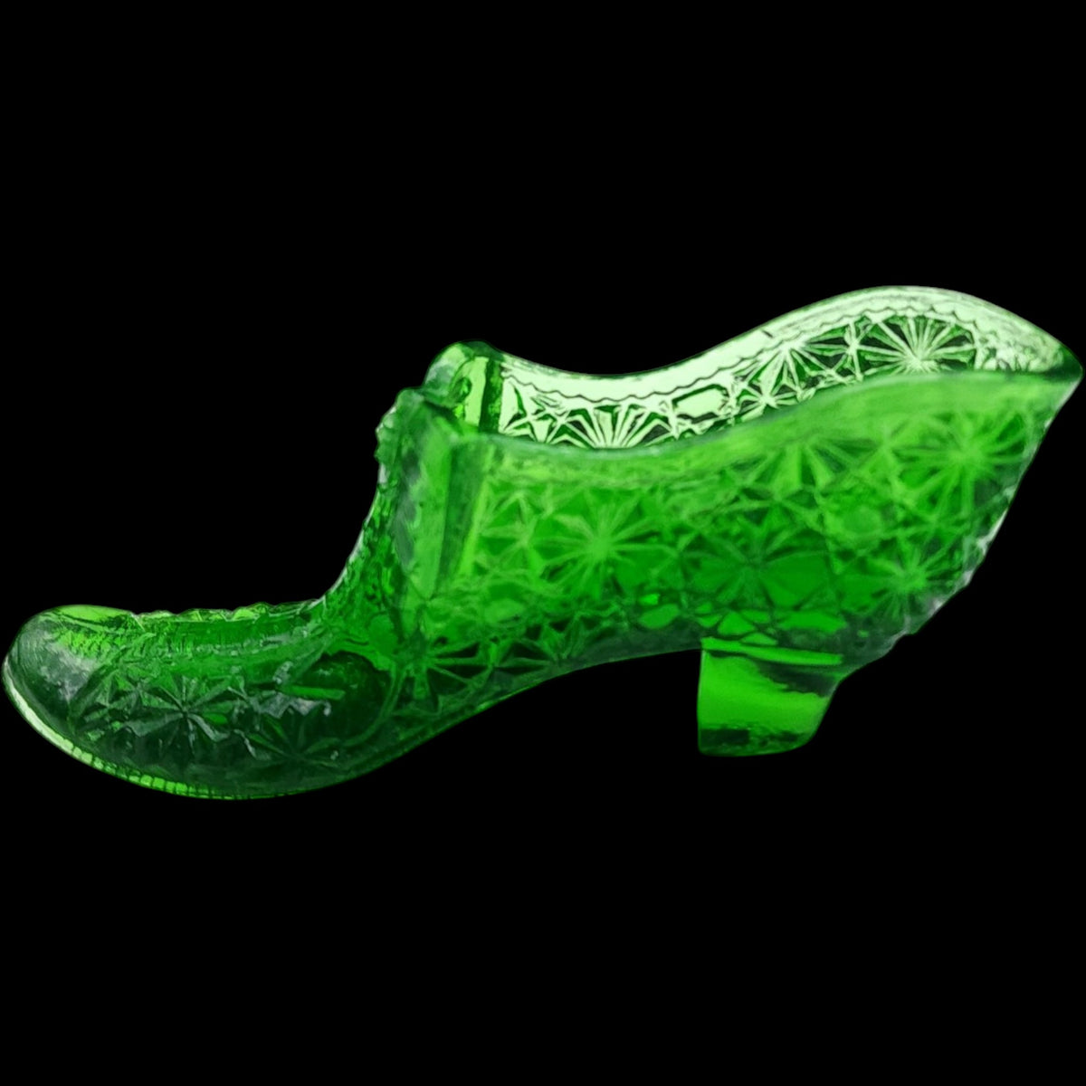 Vintage Green Uranium Glass Shoe Figurine Daisy and Button Pattern