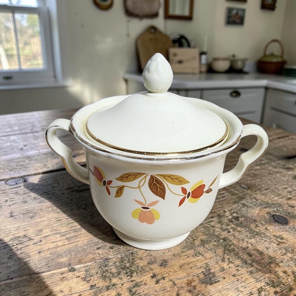 Hall China Autumn Leaf Ruffled D Covered Sugar Bowl