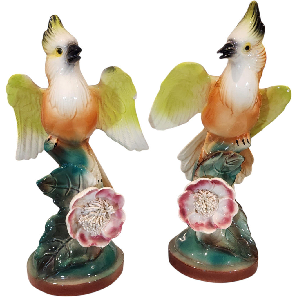 11" Vintage Majolica Hand-Painted Ceramic Bird Figurines Pair