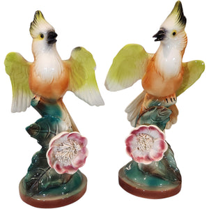 11" Vintage Majolica Hand-Painted Ceramic Bird Figurines Pair
