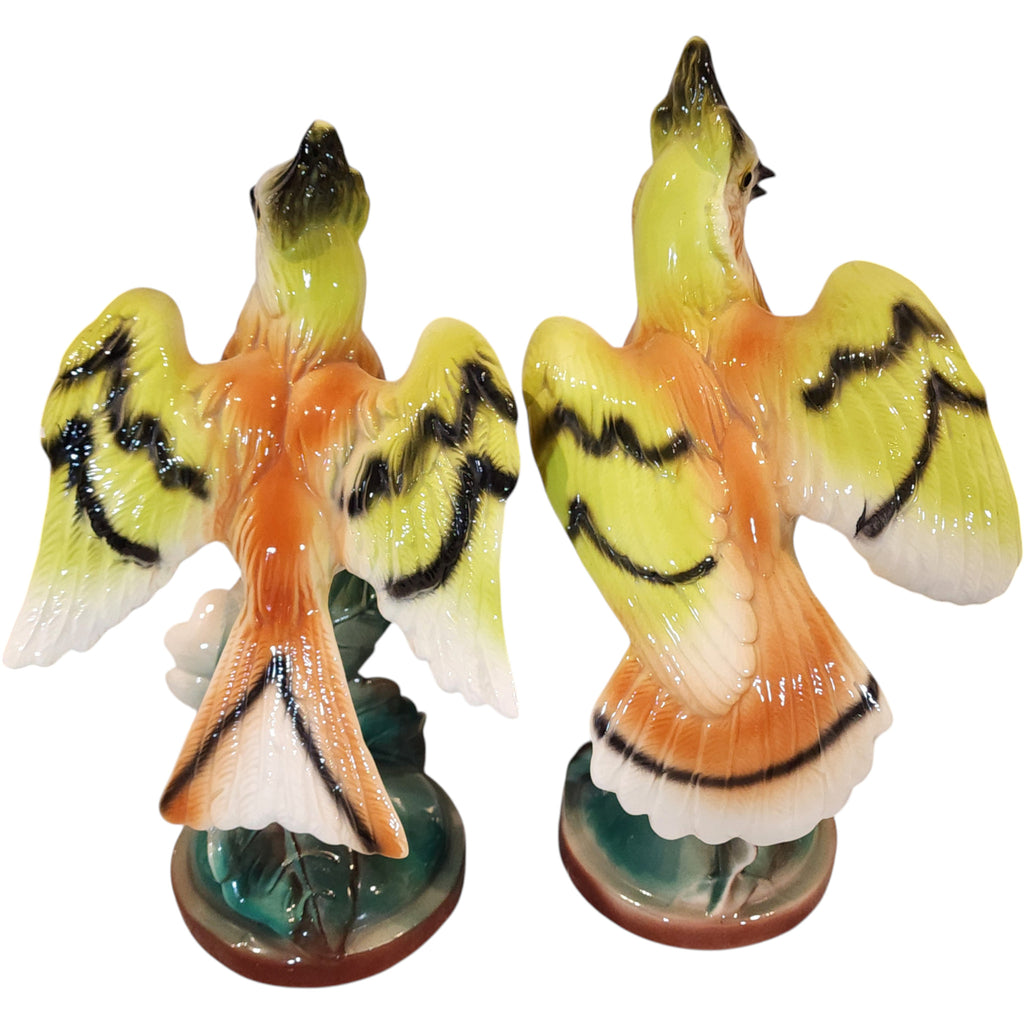 11" Vintage Majolica Hand-Painted Ceramic Bird Figurines Pair