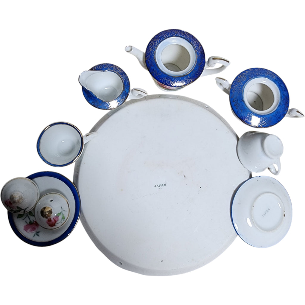 Vintage Hand-Painted Japanese Miniature Tea Set with Serving Tray - 9 Pieces